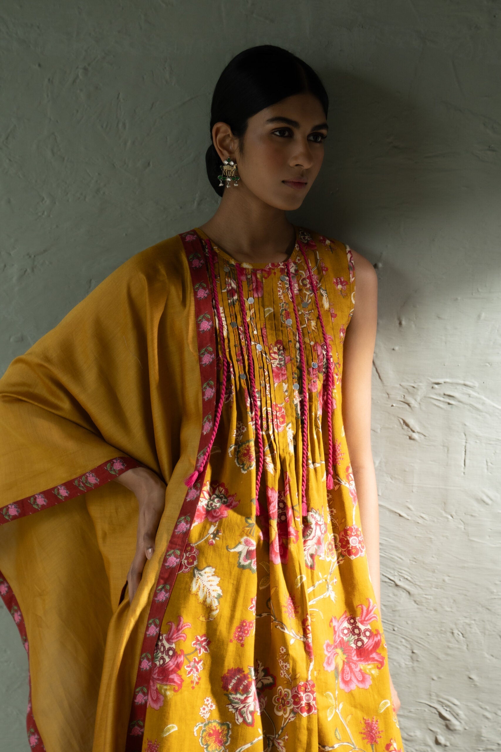Mustard Phool Dori Pintuck Sleeveless Kurta Salwar Set