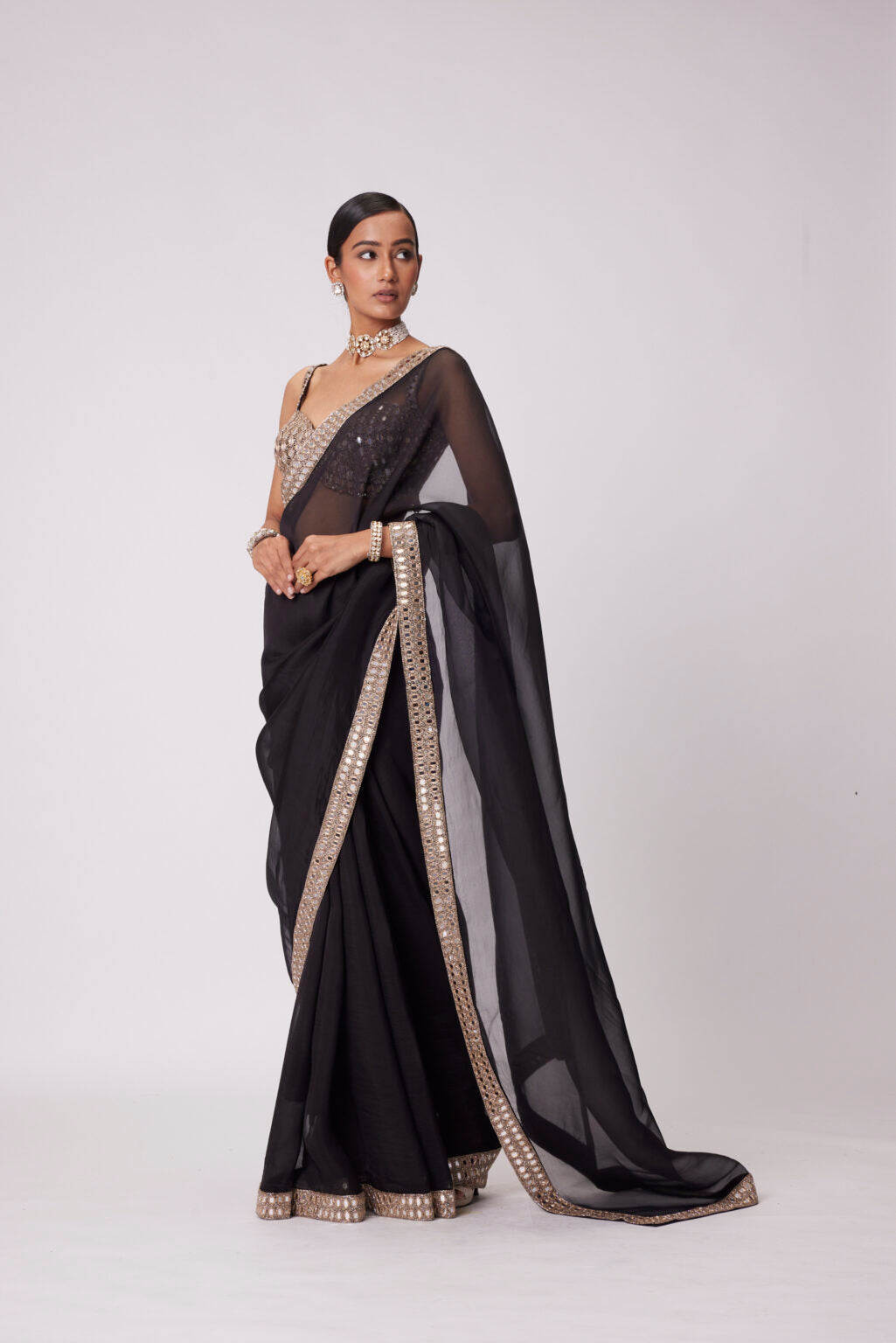 Image of BLACK ORGANZA SAREE SET