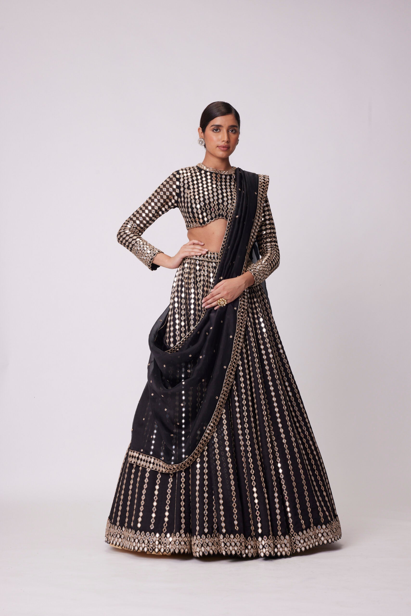 Image of BLACK LINEAR MIRROR EMBROIDERED ORGANZA LEHENGA SET