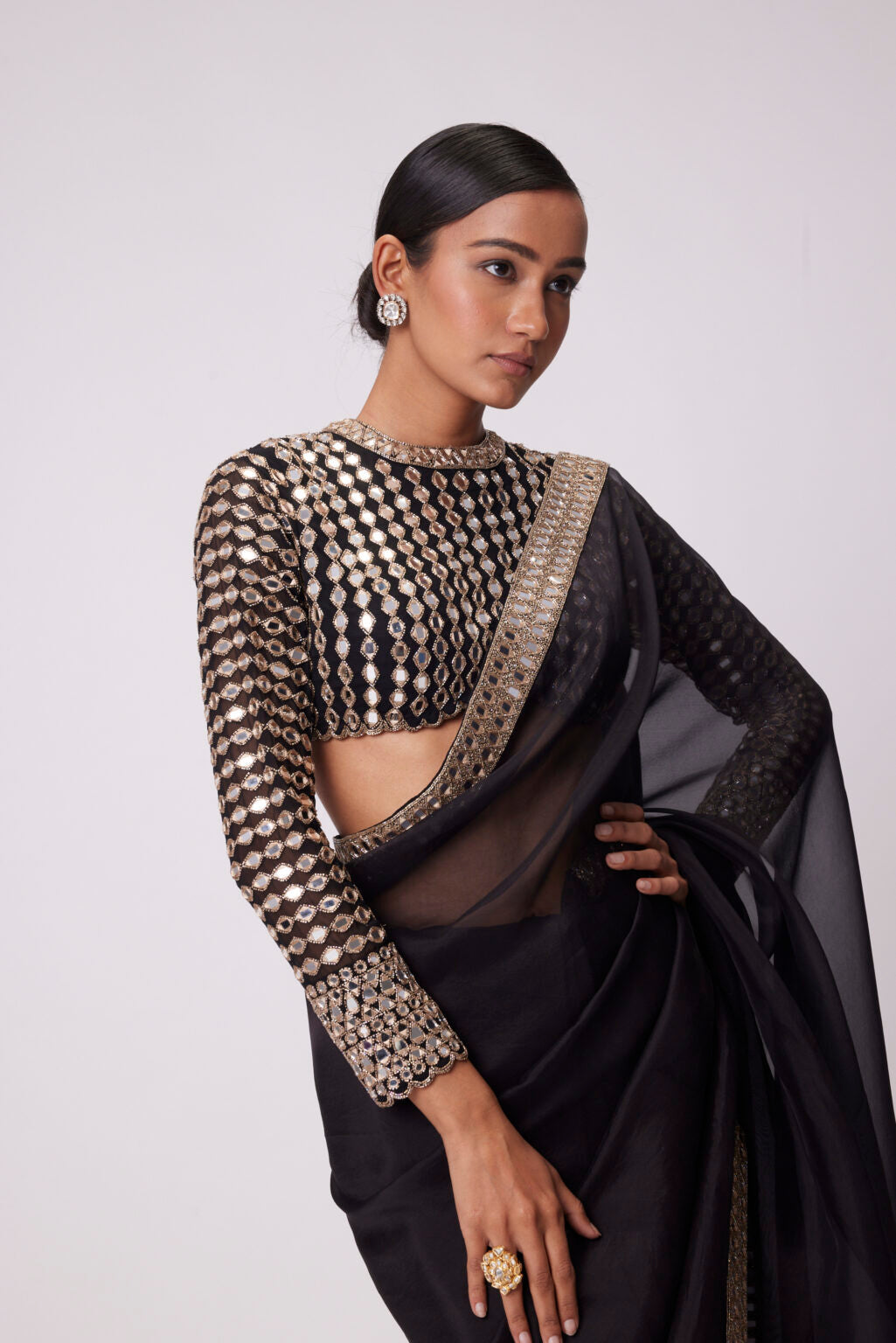 Image of BLACK HAND EMBROIDERED ORGANZA SAREE SET