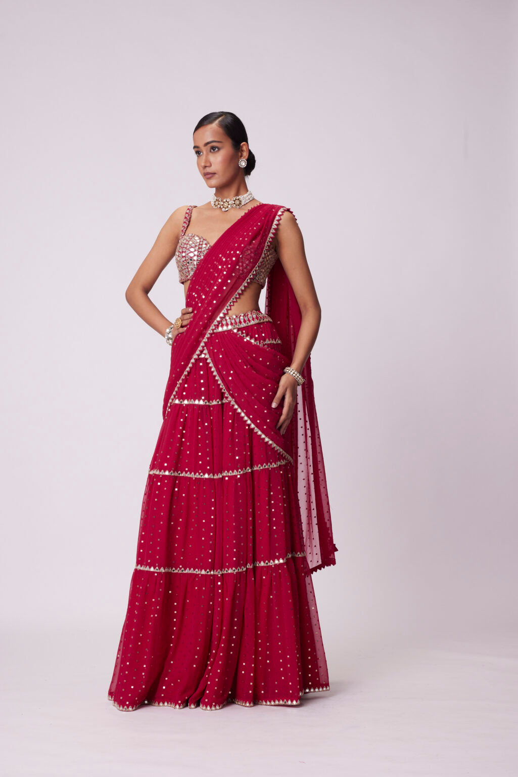 Image of CRIMSON RED MULTI- TIER SEQUIN EMBROIDERED SAREE SET