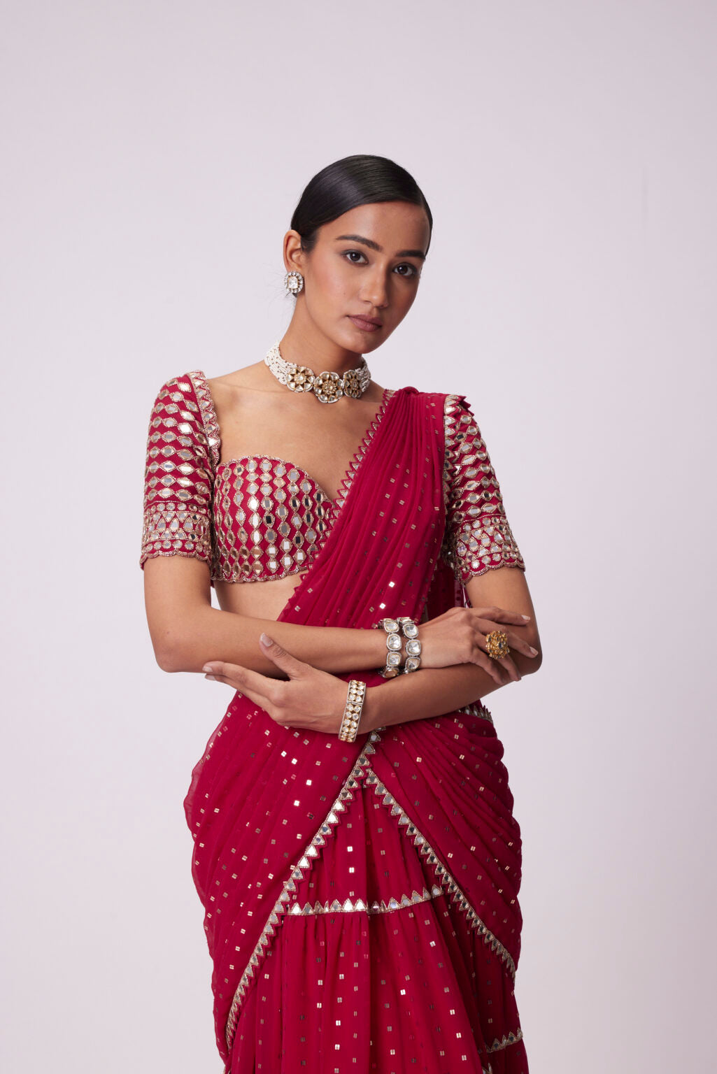 Image of CRIMSON RED MULTI- TIER SAREE SET