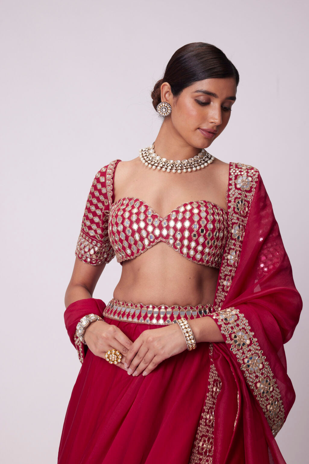 Image of CRIMSON RED ORGANZA MIRROR LEHENGA SET