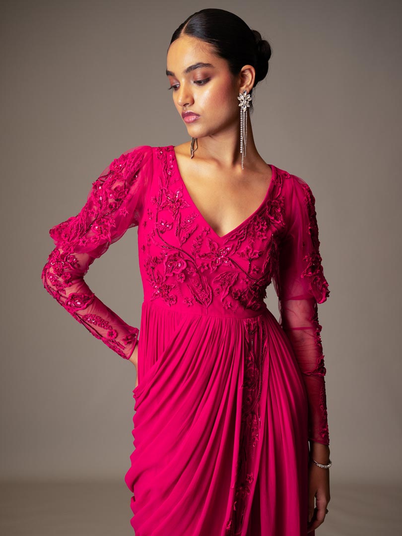 Pink Georgette Bead 3D Embellished
 Gown Saree