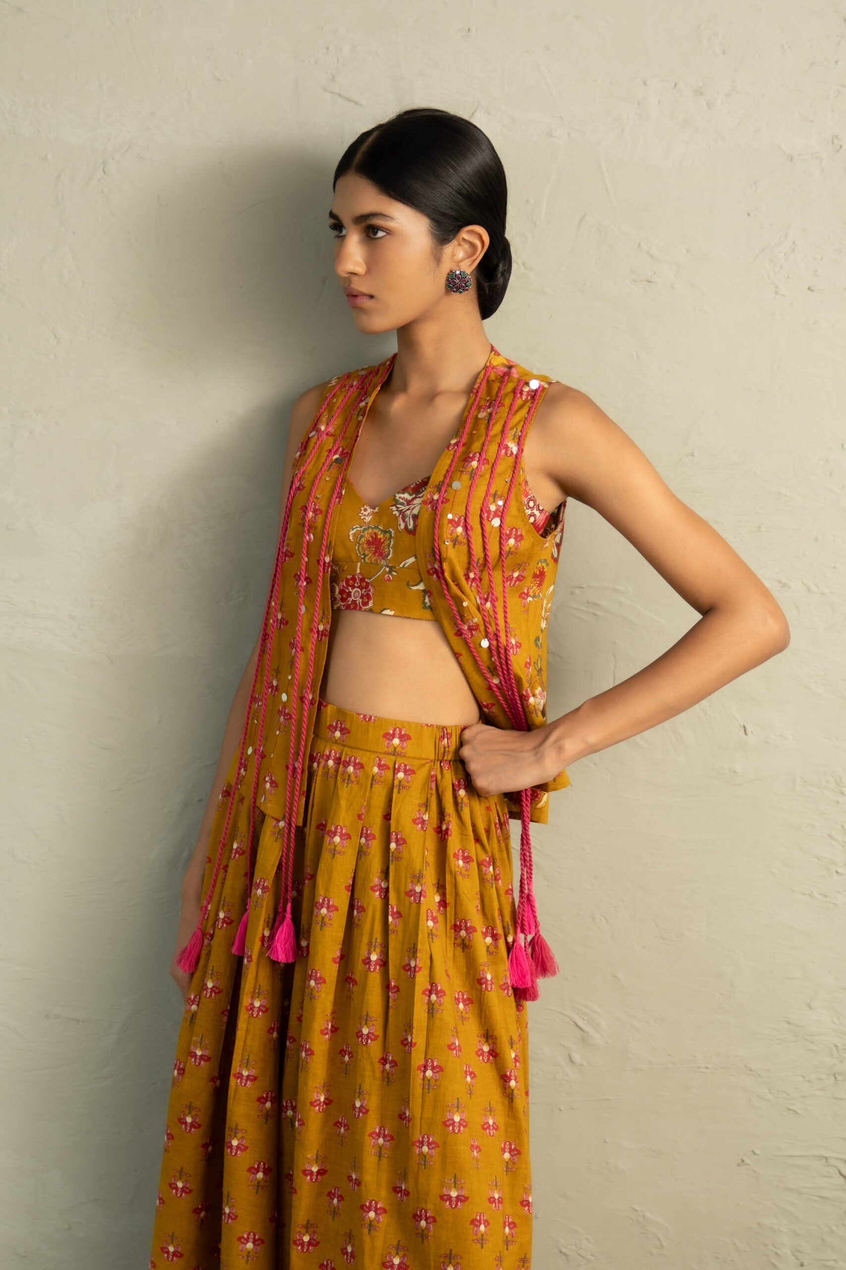 Mustard Phool Dori Coord Skirt Jacket Set