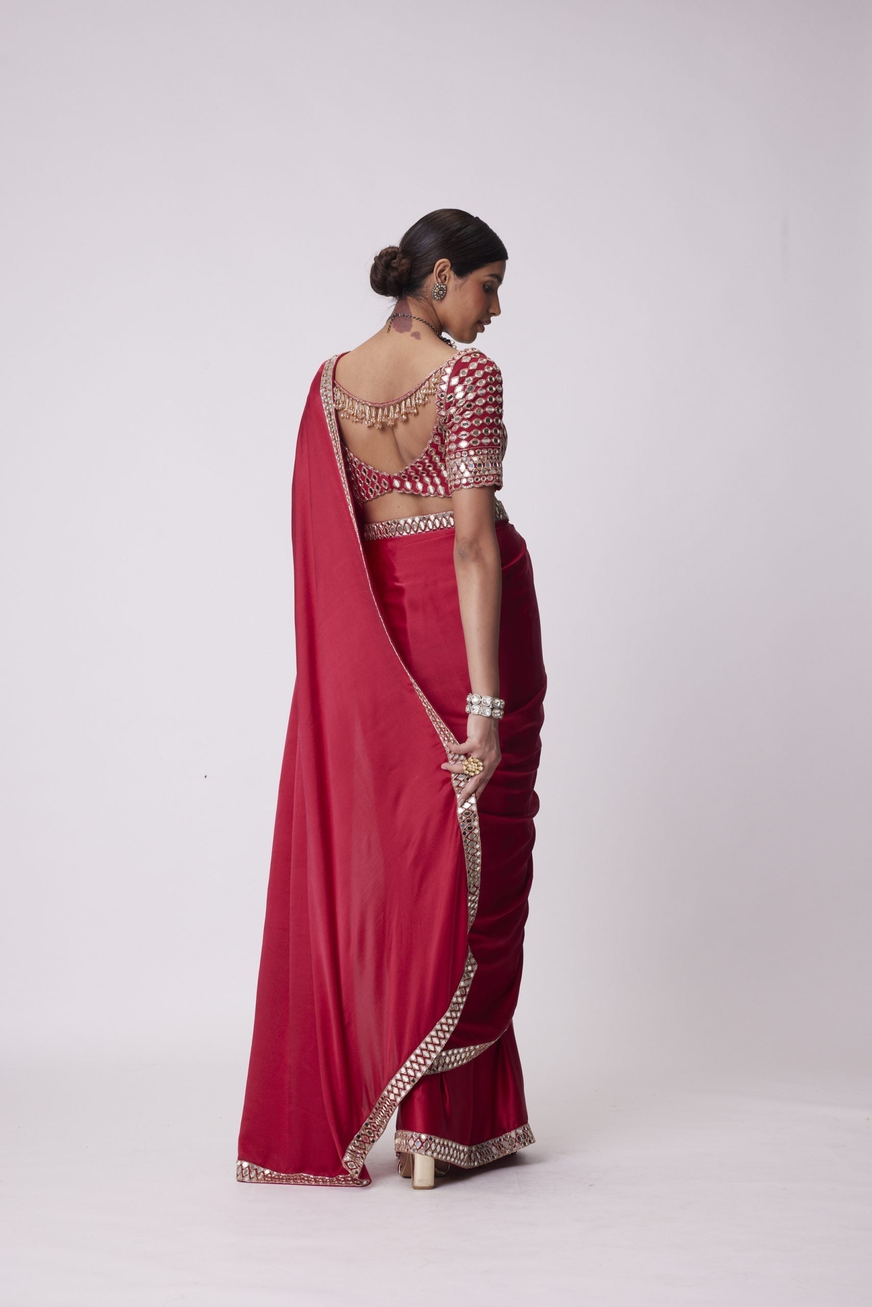 Image of CRIMSON RED  SATIN MIRROR EMBROIDERED SAREE SET