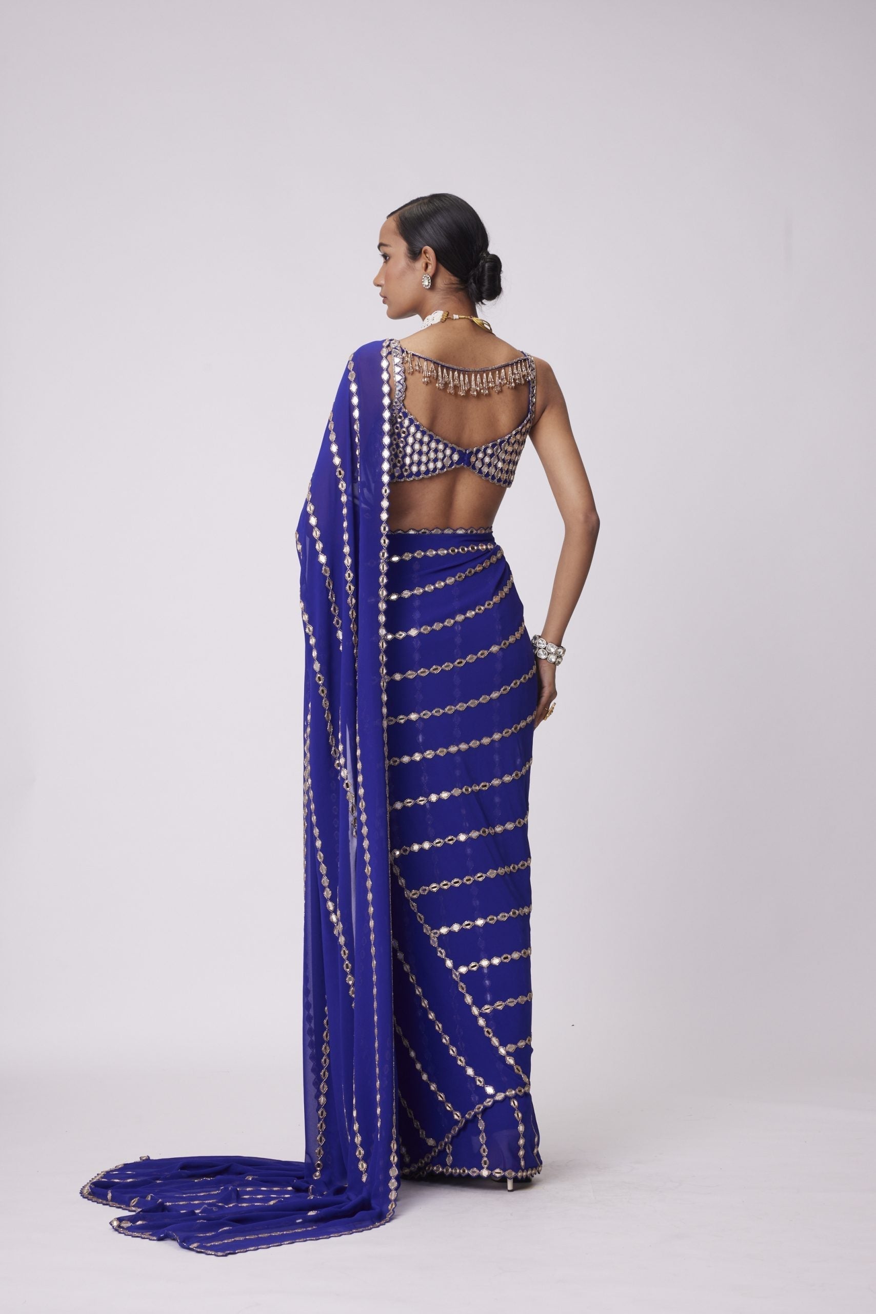 Image of PERSIAN BLUE LINEAR EMBROIDERY GEORGETTE SAREE SET