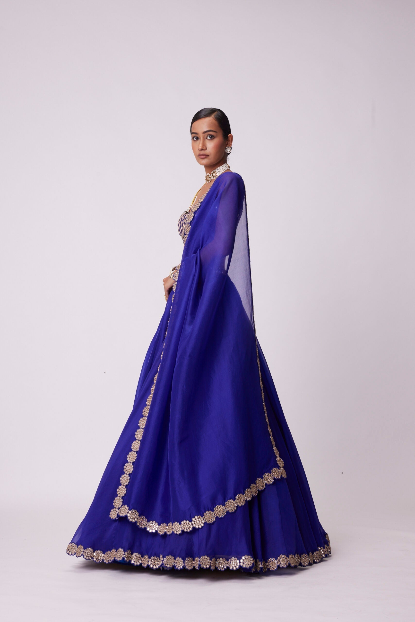 Image of PERSIAN BLUE LINEAR MIRROR EMBROIDERED LEHENGA SET