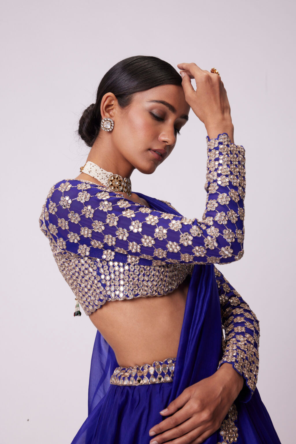 Image of PERSIAN BLUE HAND EMBROIDERED LEHENGA SET