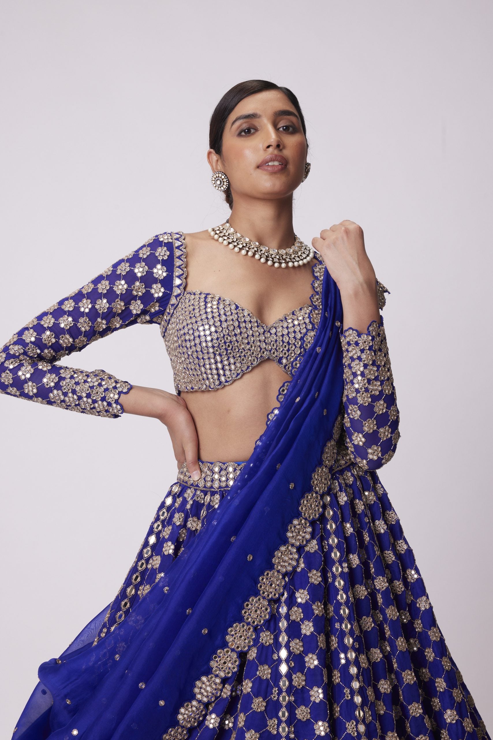 Image of PERSIAN BLUE MIRROR FLOWER HAND EMBROIDERED LEHENGA