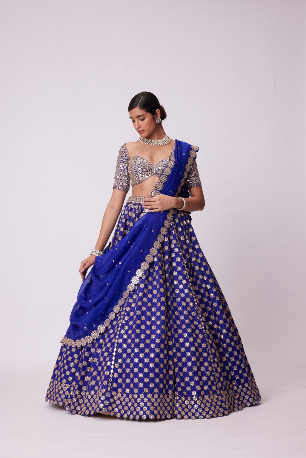 Image of PERSIAN BLUE MIRROR FLOWER EMBROIDERED LEHENGA SET