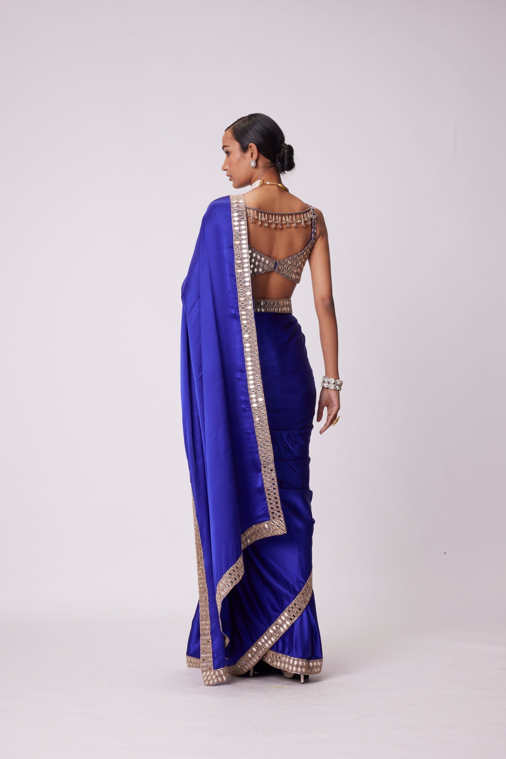 Image of PERSIAN BLUE HAND EMBROIDERED SATIN SAREE SET