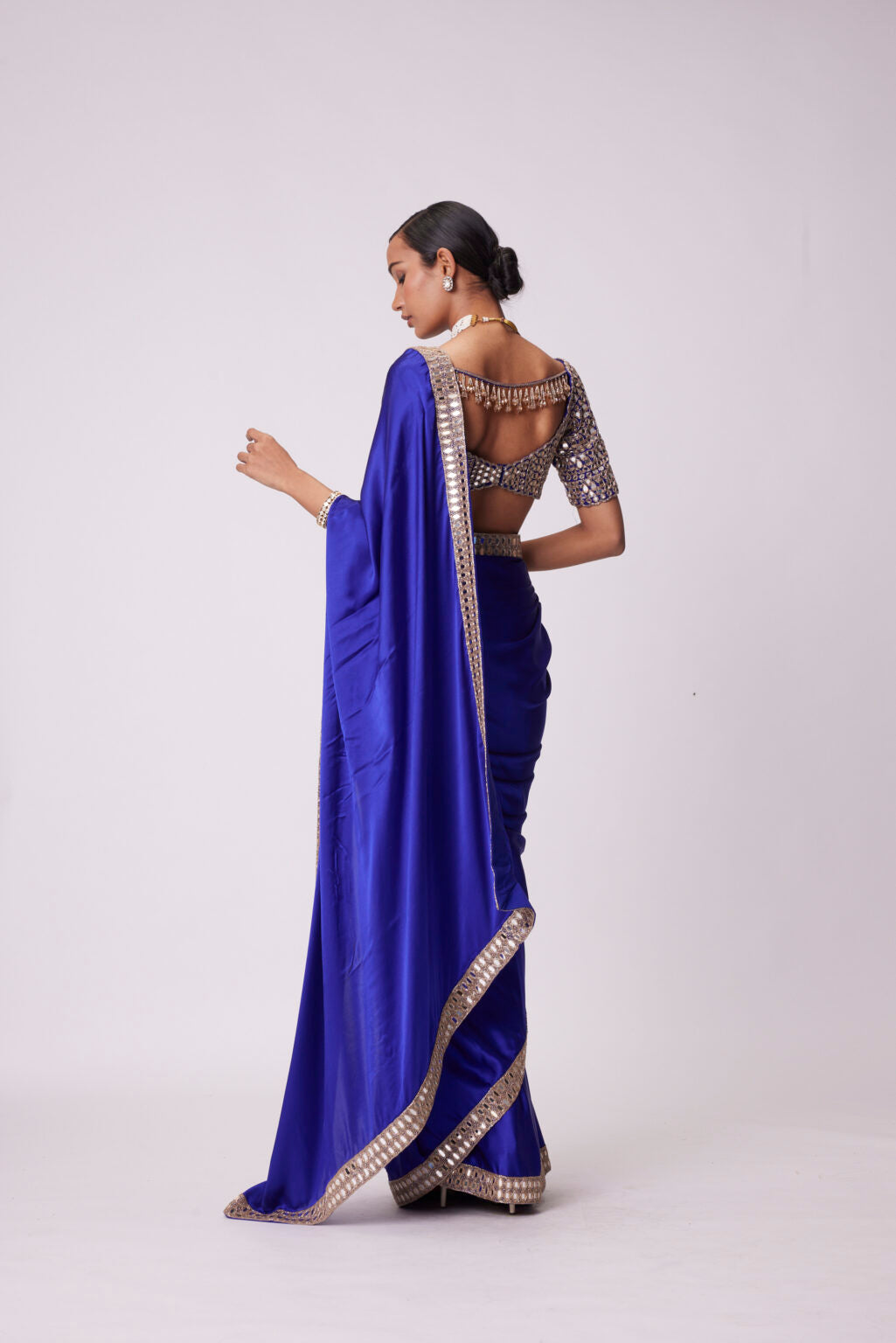 Image of PERSIAN BLUE MIRROR EMBROIDERED SATIN SAREE SET