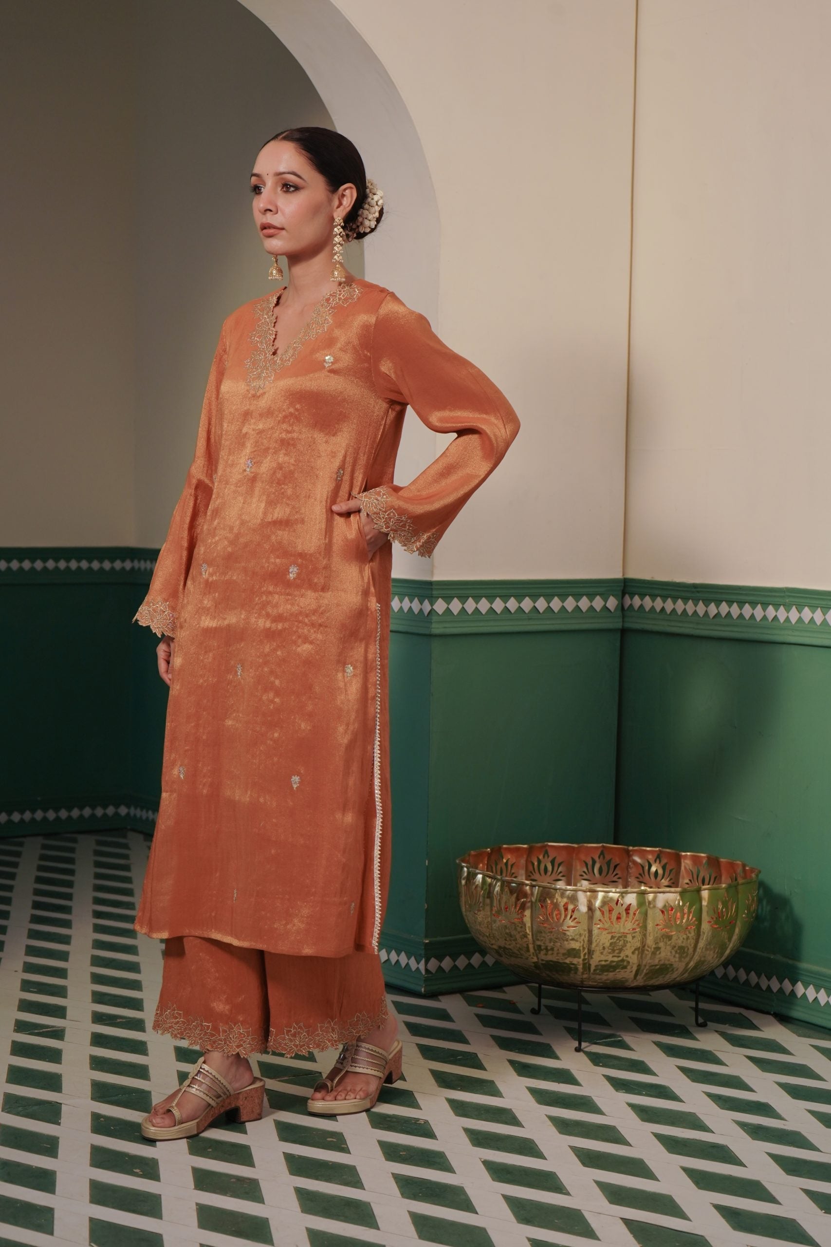 Image of Amber Zari Tissue Kurta and Wide Leg Pants with Zari rose and sequins embroidery for women