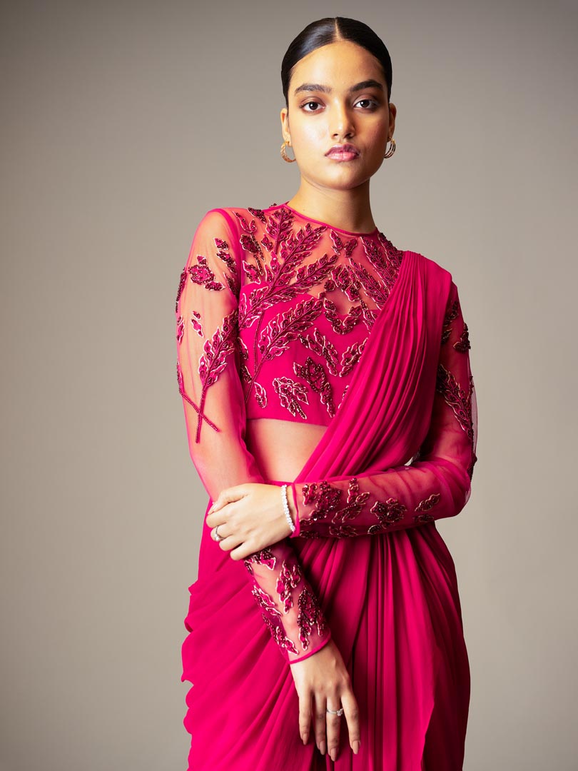 Fuchisa Embellished Saree Gown