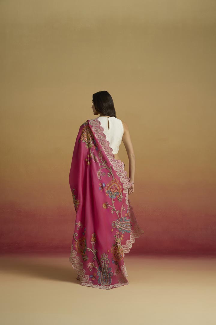 HOT PINK CONTRAST CORDWORK SAREE