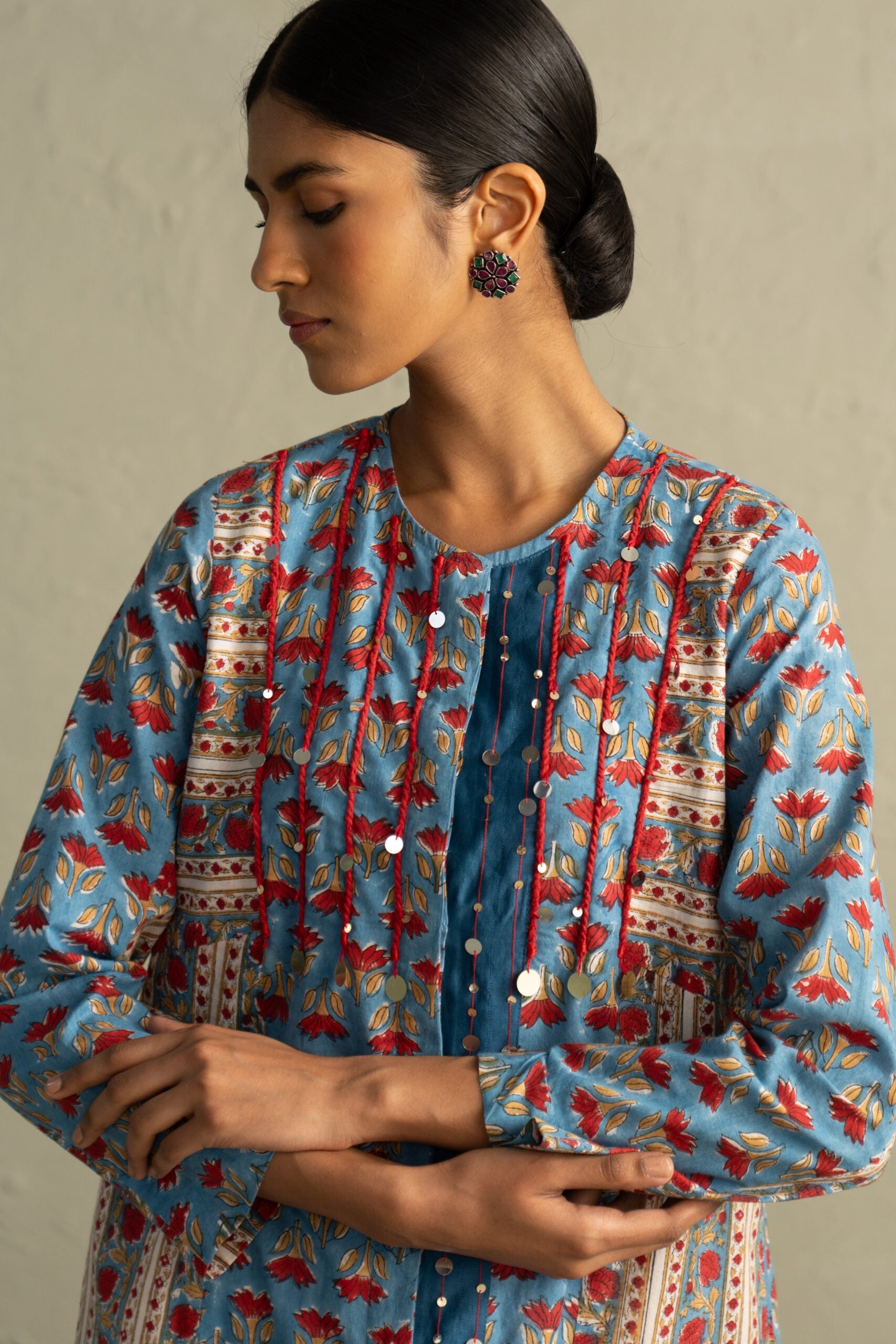 Blue Hand Block Placket Kurta Set