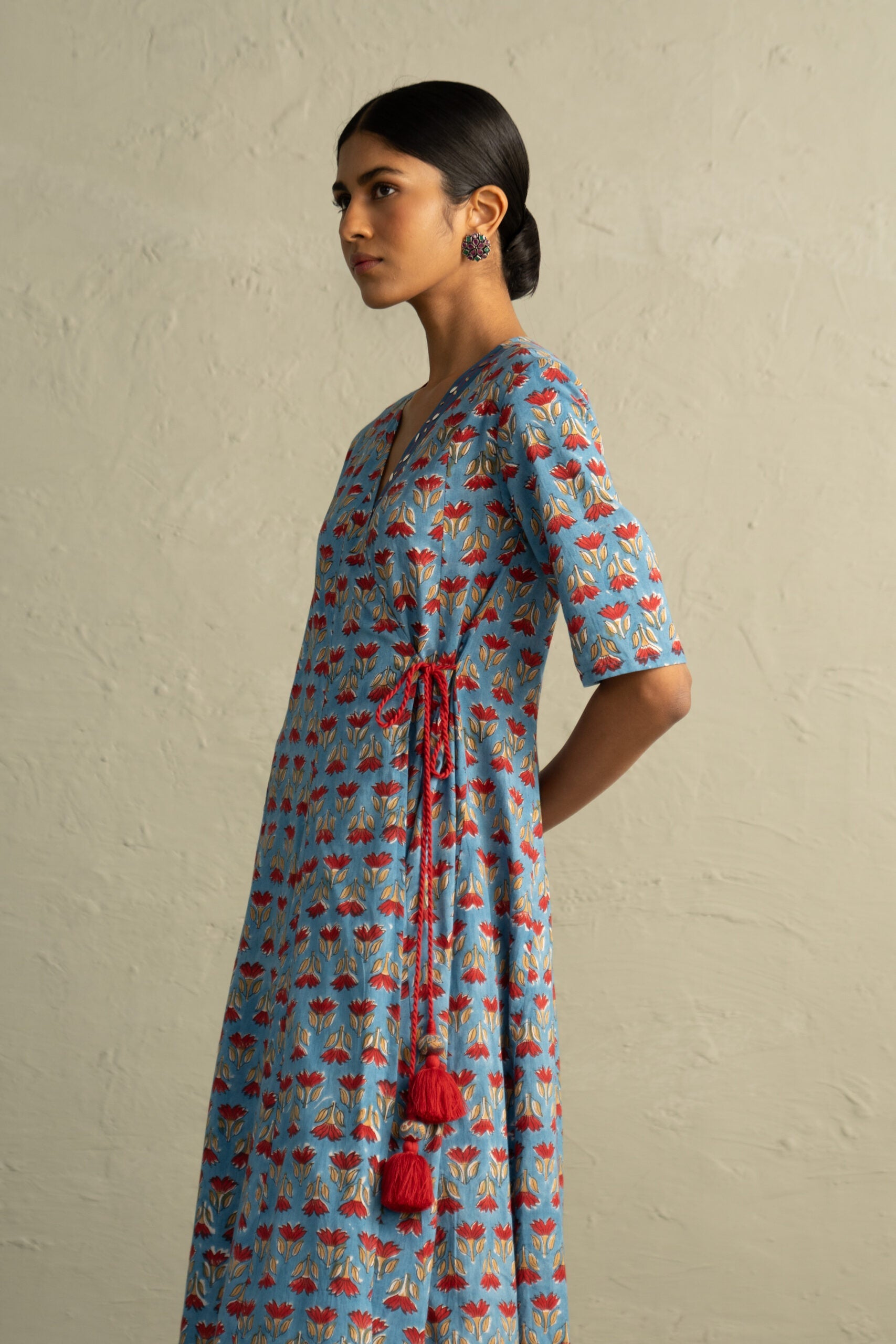 Blue Hand Block Wrap Around Dress