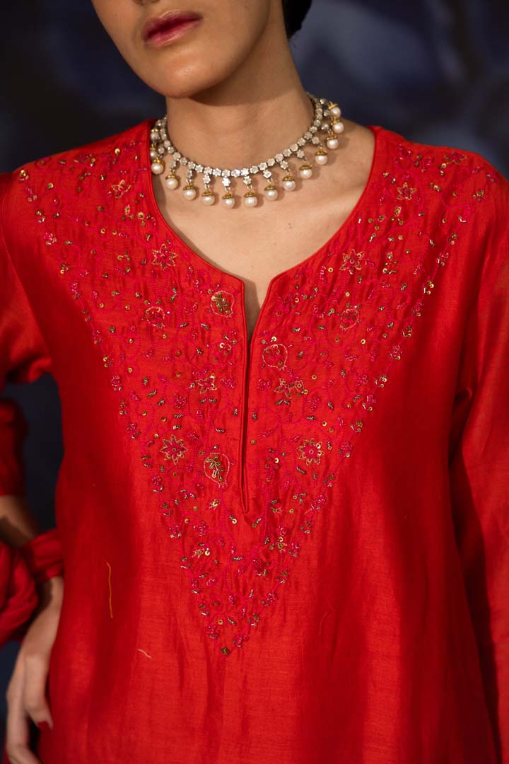 Red Side Panelled and Embroidery Suit- Set of 3