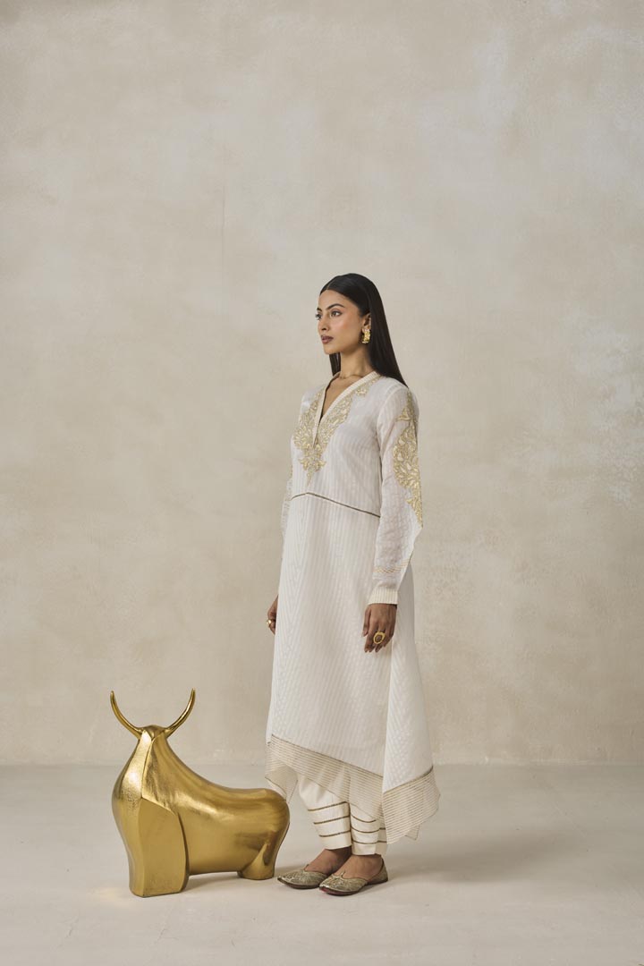 Ivory Chanderi Asymmetrical Kurta Set with Gold Embroidery