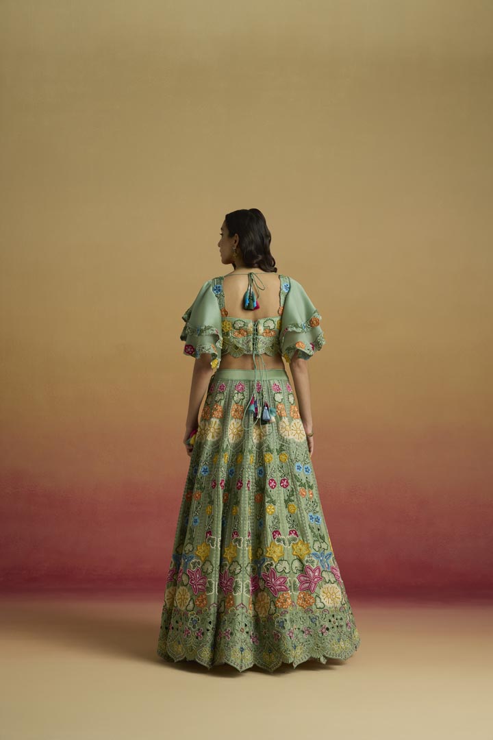Sage Green Multicolour Floral Bustier with Organza Sleeves