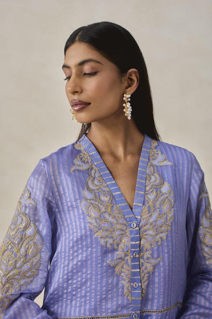 Ink Blue Chanderi Asymmetrical Kurta Set with Gold Embroidery