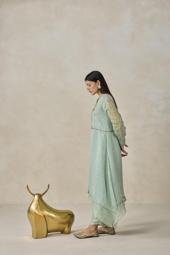 Sage Green Chanderi Asymmetrical Kurta Set - Elegant Festive Wear