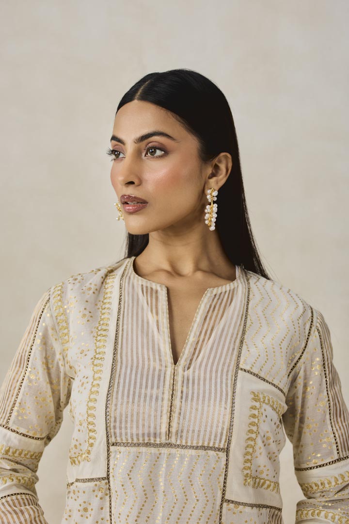 Ivory Gold Chanderi Patchwork Kurta Salwar Set for Festive Wear