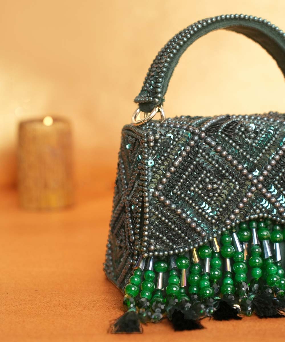 Elara Green Suede Embellished Box Bag