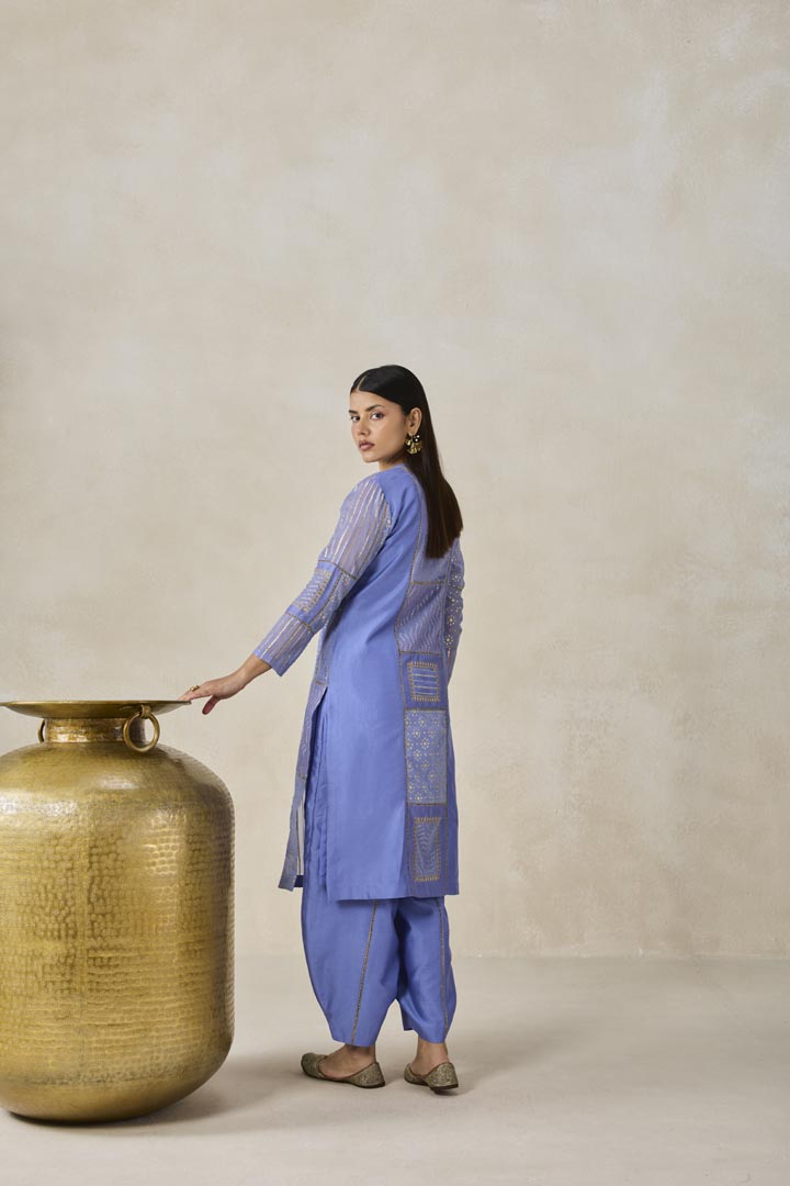 Ink Blue Gold Chanderi Patchwork Kurta Set for Festive Wear