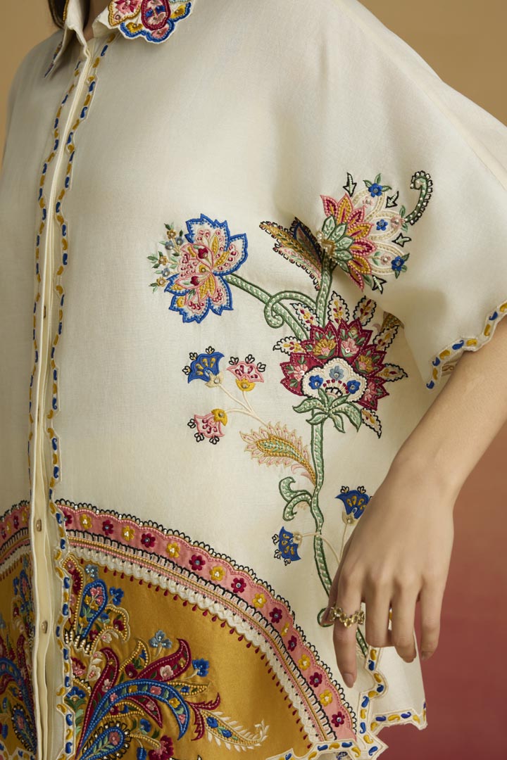 Ivory Applique Kaftan Shirt in Chanderi - Luxury Resort Wear