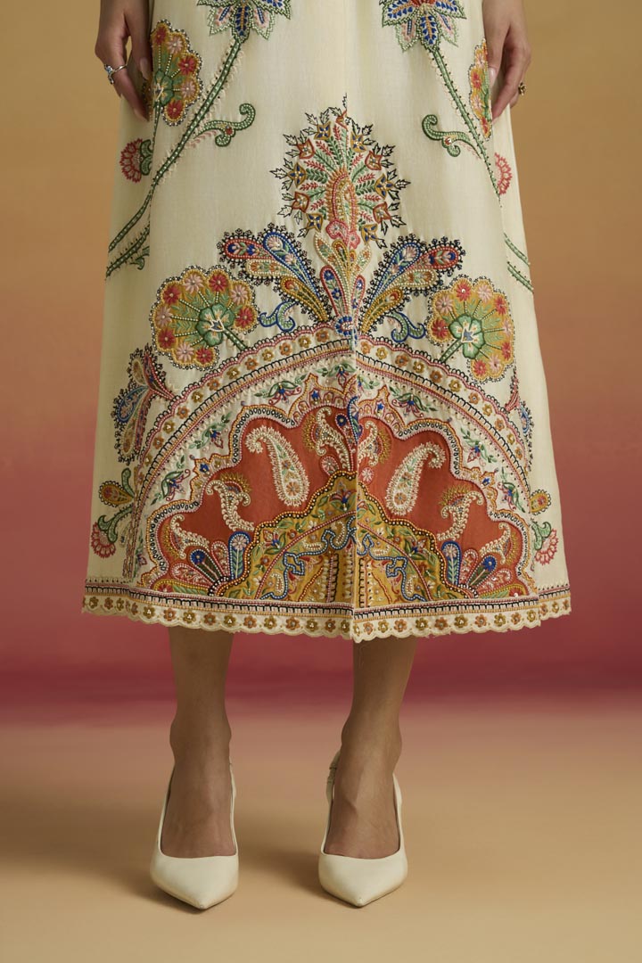 Ivory Chanderi Applique & Beadwork Pleated Midi Dress Luxury Wear