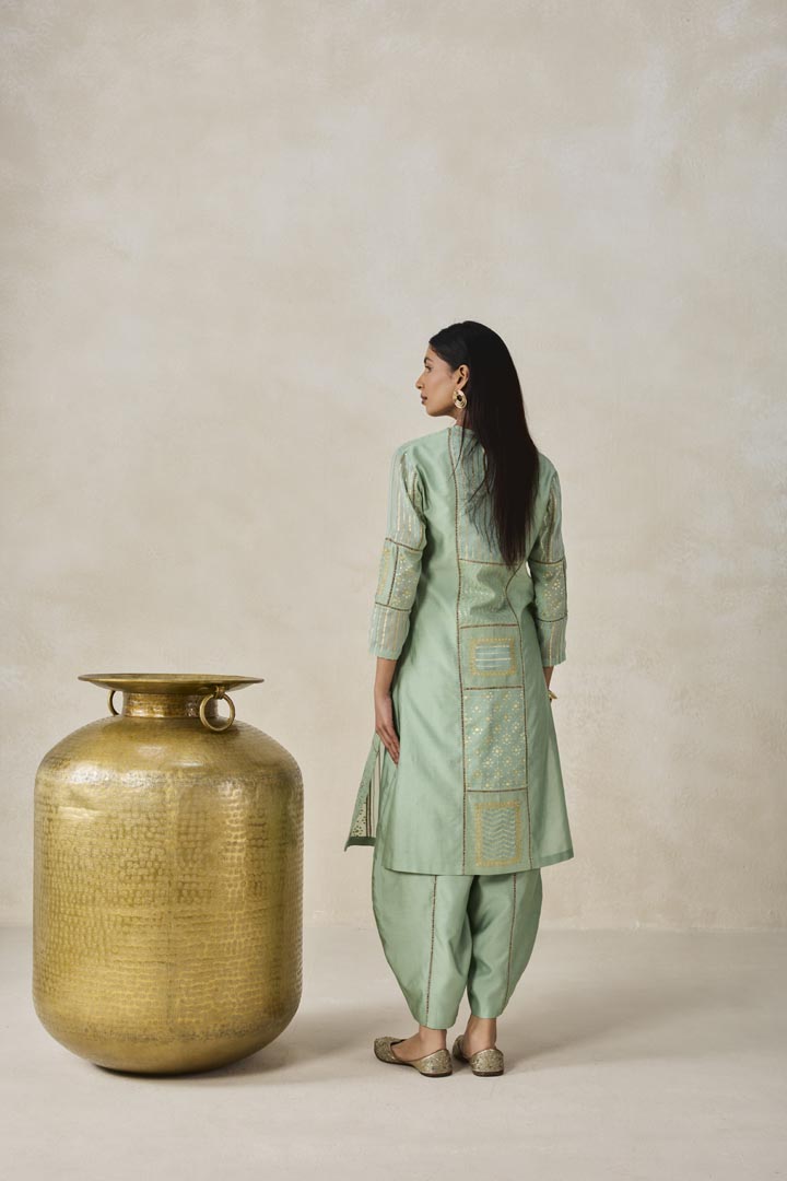 Sage Green Gold Chanderi Patchwork Kurta Salwar Set for Women
