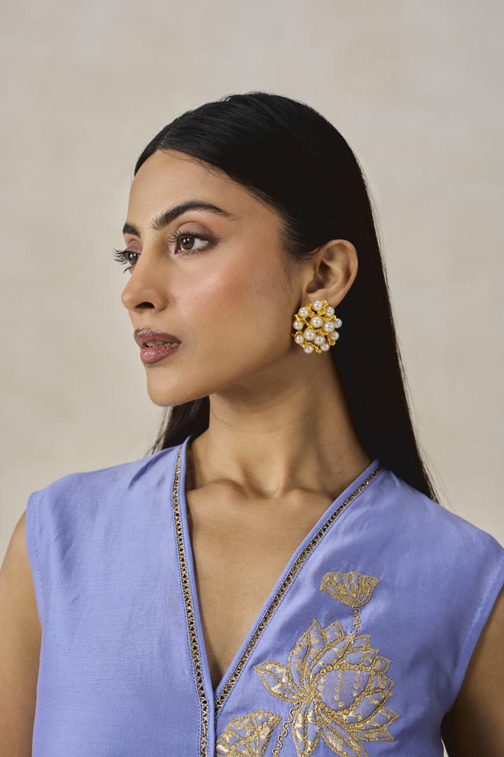 Ink Blue Chanderi Applique Work Kurta Set with Palazzo