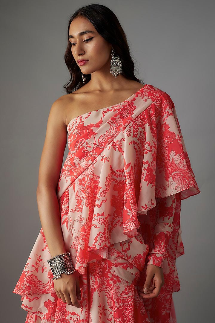 Pink Georgette Digital Printed Pre-Draped Saree Set