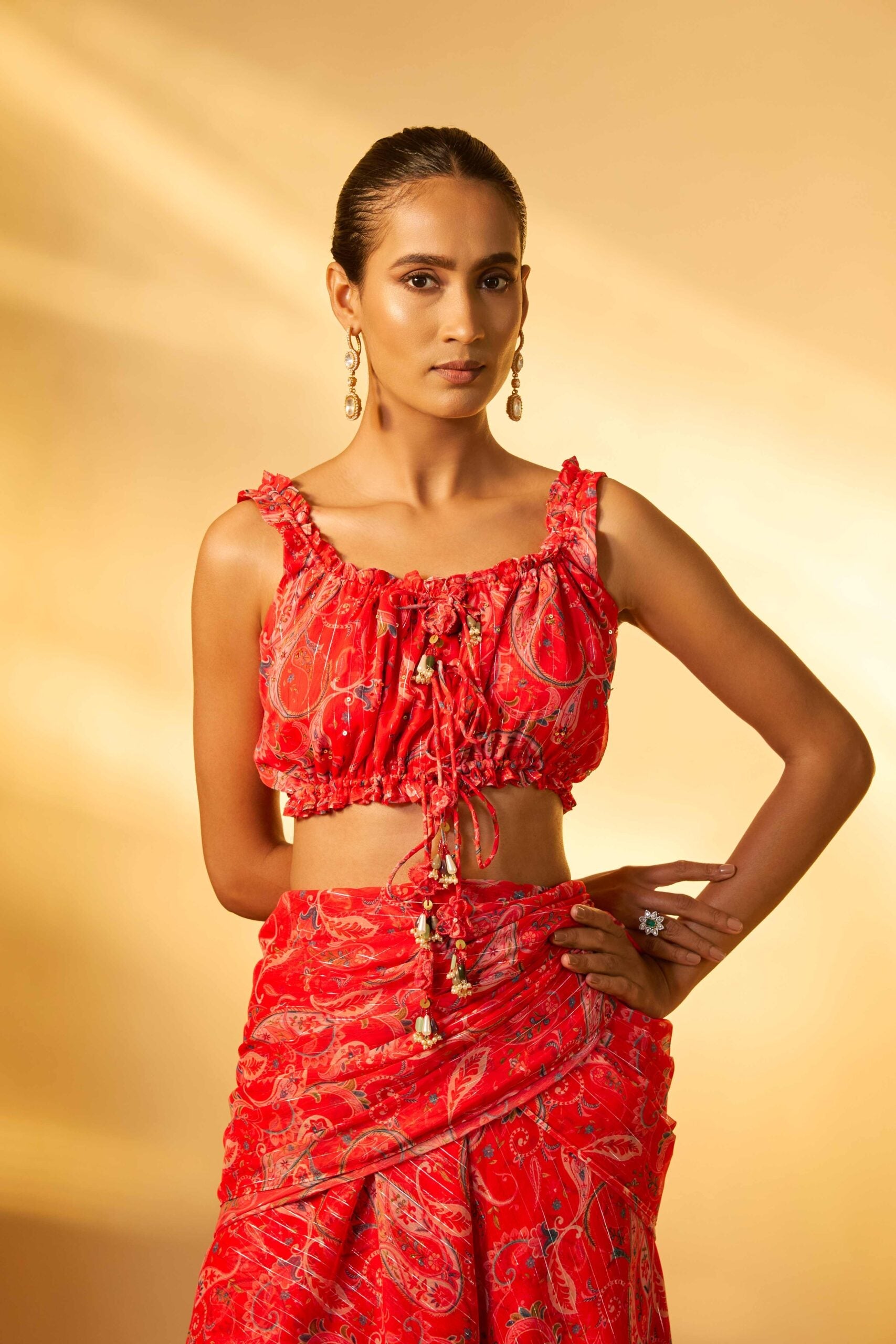 RED PAISLEY PRINTED DRAPE SAREE SET