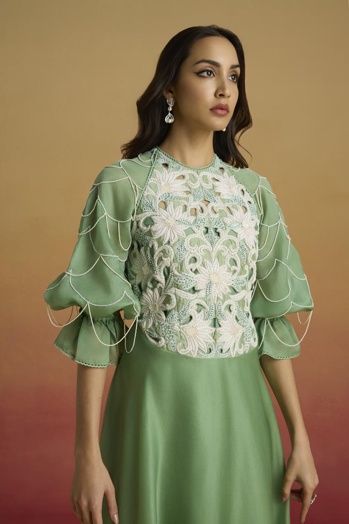 Sage Green Silk Organza Flounce Dress - Elegant Evening Wear