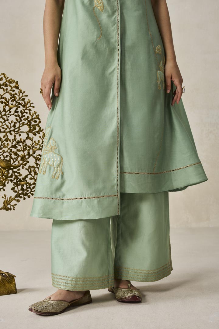 Sage Green Chanderi Applique Work Kurta Set for Festive Wear