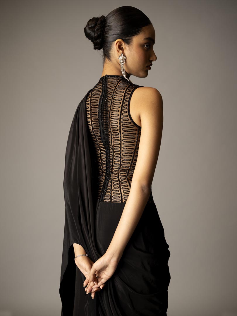 Black round neck  saree gown with pre-drape & cuttdana embellishment all over.