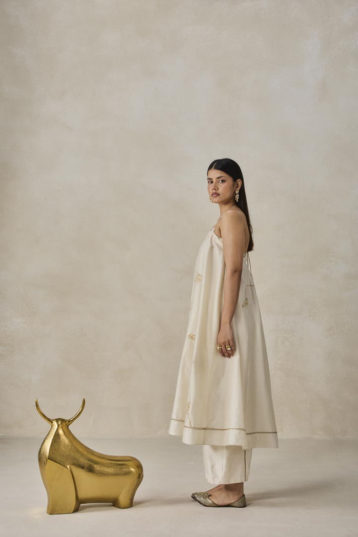 Ivory Chanderi Off-Shoulder Kurta Pant Set - Festive Designer Wear
