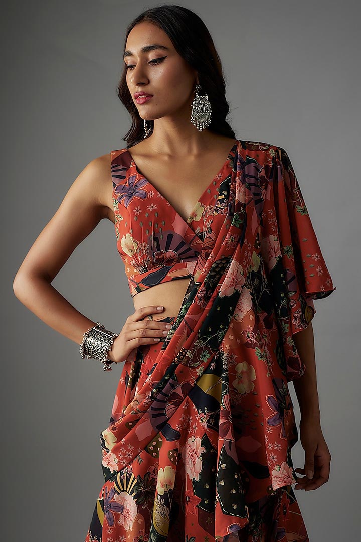 Rust Georgette Digital Printed Pre-Draped Saree Set