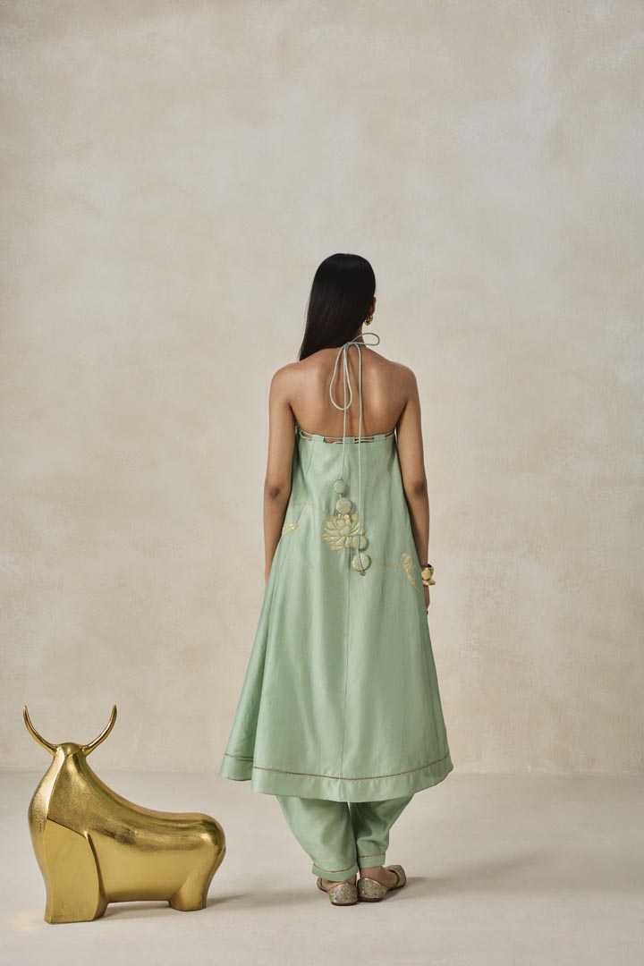 Sage Green Chanderi Offshoulder Kurta Set - Elegant Festive Wear