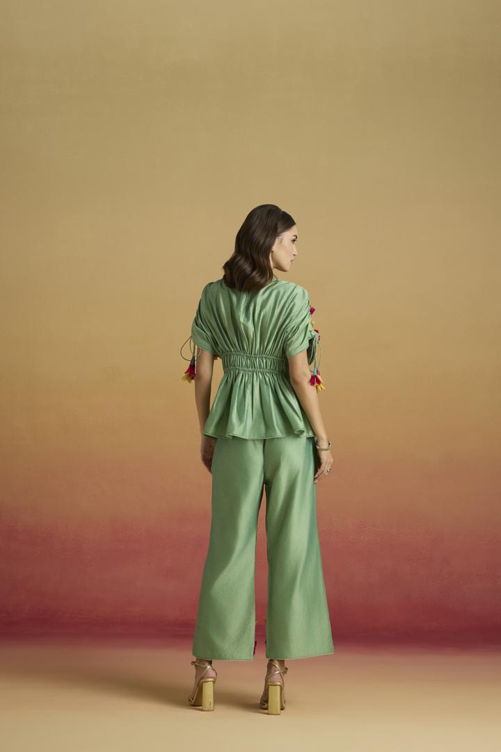 Sage Green Chanderi 3D Floral Applique Straight Pants