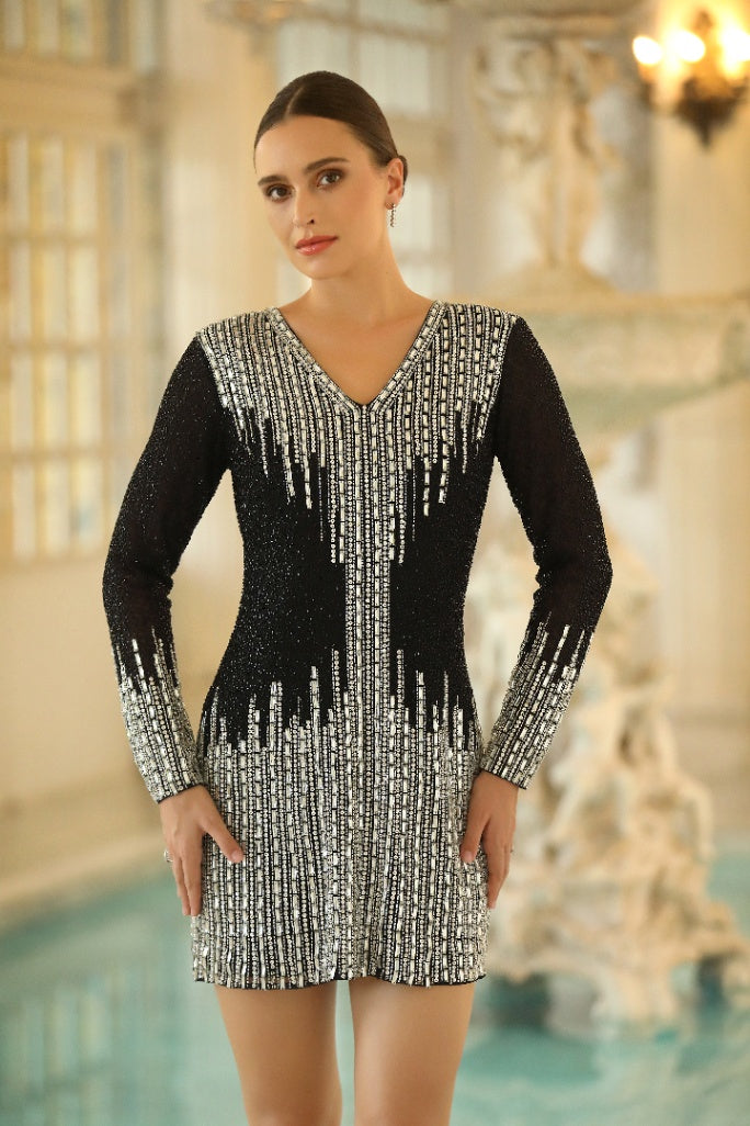 BLACK AND SILVER STRAPLESS EMBELLISHED MINI DRESS