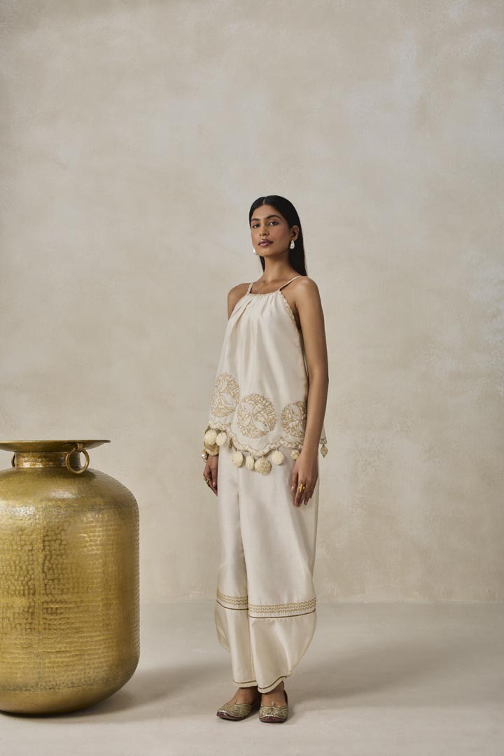 Ivory Chanderi Applique Strappy Short Top and Palazzo Set