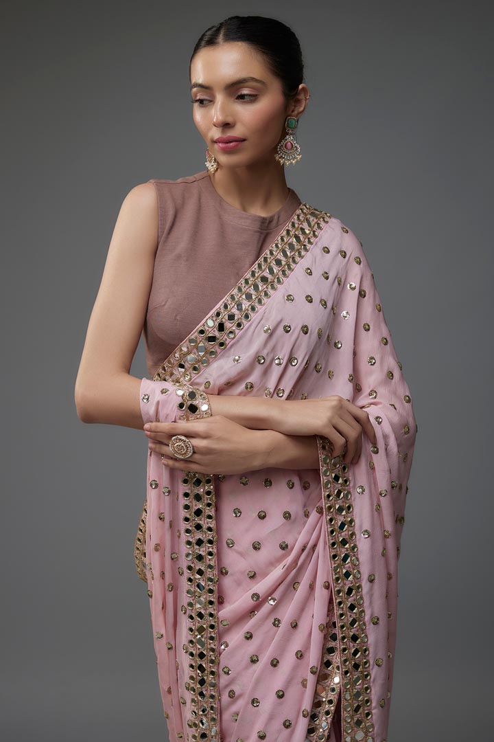 Blush Pink Chinon Sequins Hand Embroidered Saree