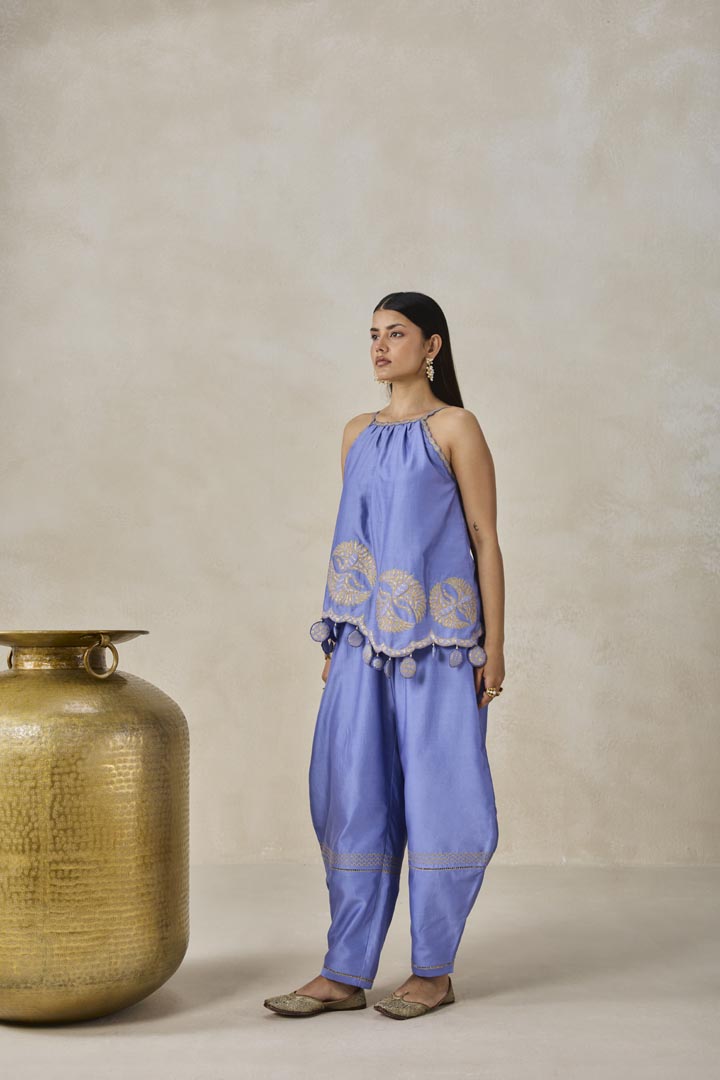 Ink Blue Chanderi Applique Strappy Top & Palazzo Set