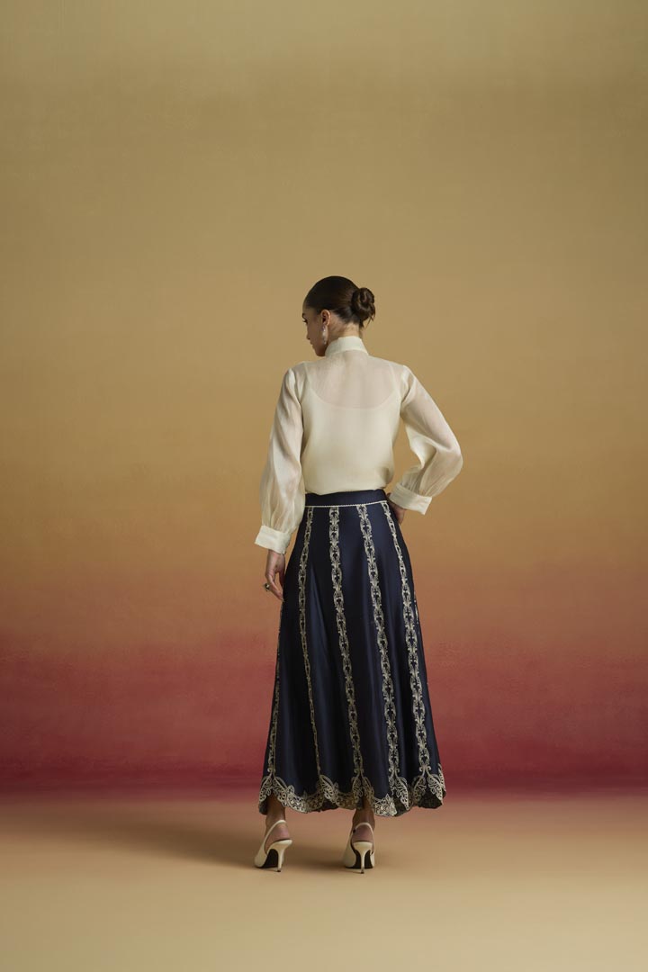 Indigo Floral Panelled Skirt - Designer Chanderi Ethnic Wear