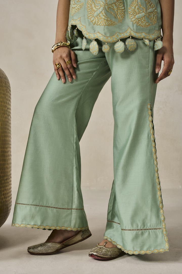 Sage Green Chanderi Applique Embroidery Strappy Co-ord Set