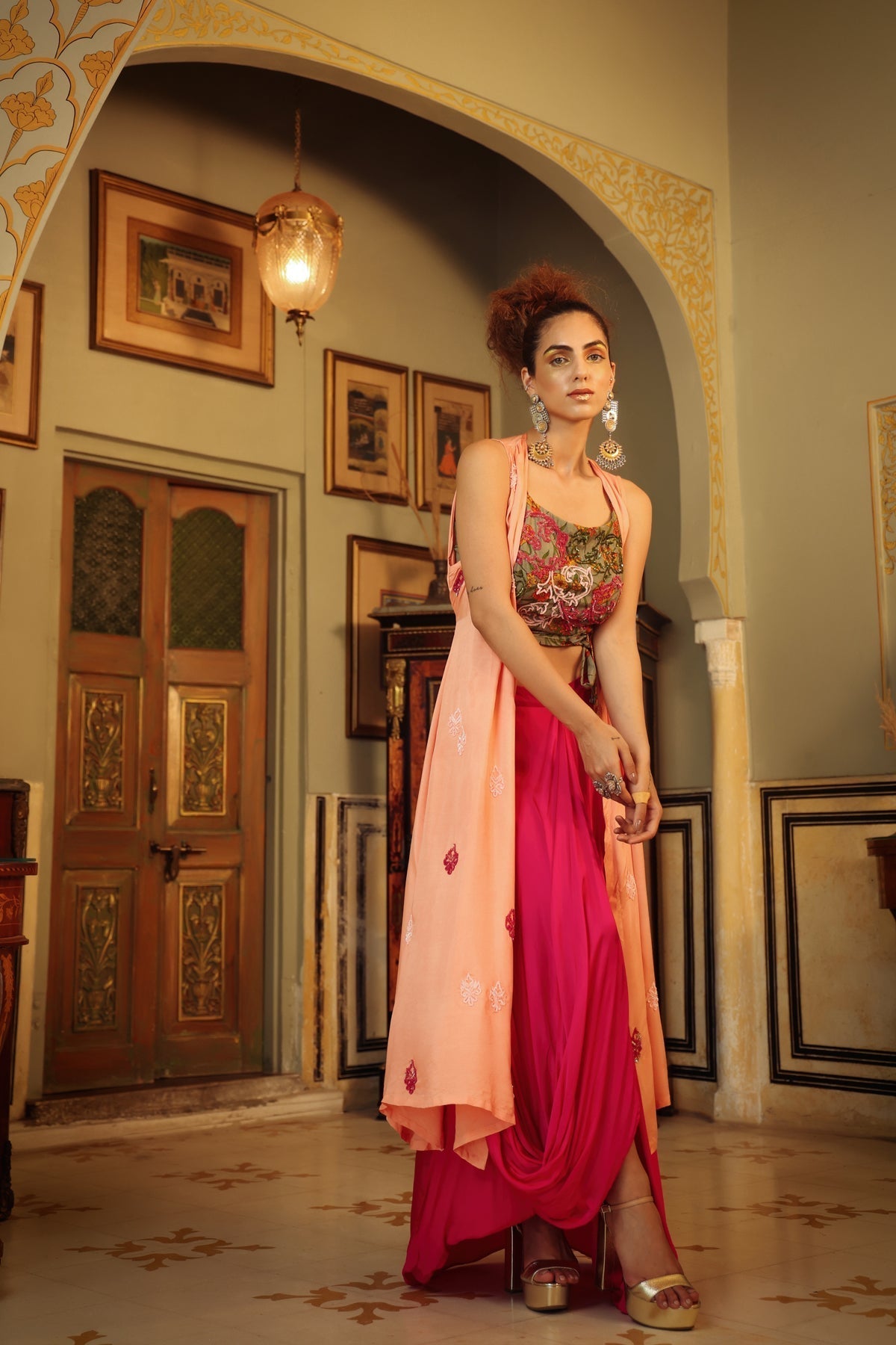 Image of Dilruba sage green peach hot pink rangeen sitara tie up top with drape skirt and cape set